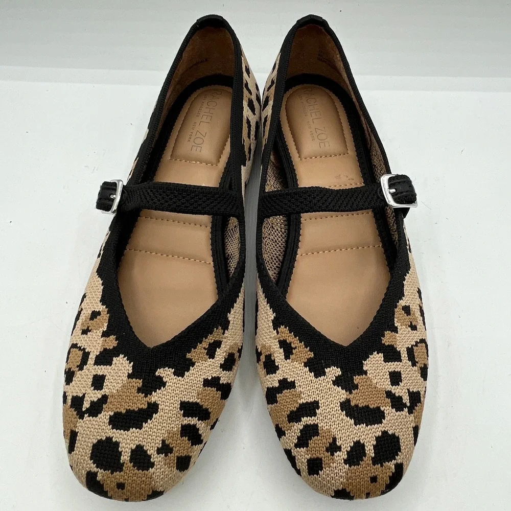 Rachel Zoe Wms Leopard Print Knit Mary Jane Flats Ballet Flat Sz 7 Chic Trendy